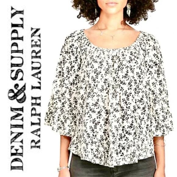 RALPH LAUREN DENIM & SUPPLY Ruffle Black Floral Blouse Top – Medium - Picture 1 of 9